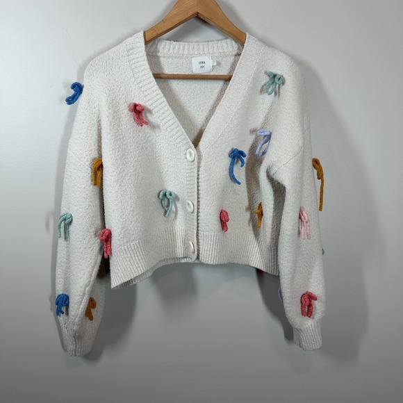 Luna Ivy Sweaters - Luna‎ Ivy Cream Knit Bow Cardigan Sweater Size Small Colorful Coquette Cropped